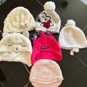 Lot of Kids Bright Pink Fleece Hat with White and Cream Knit Beanies